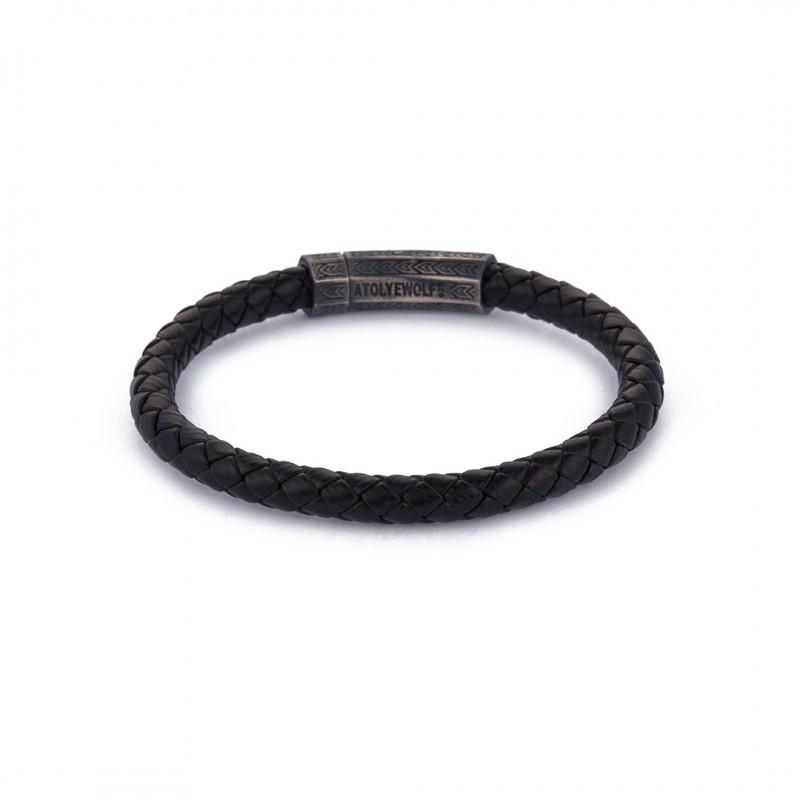 Black Thick Braided Leather Bracelet in Oxide