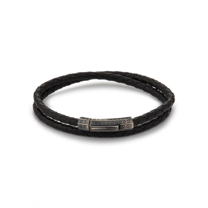 Black Double Braided Leather Bracelet in Oxide